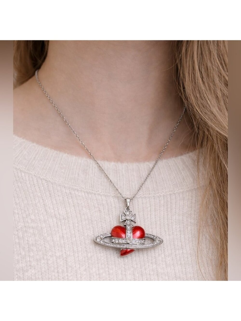 Vivienne Westwood DIAMONTE Heart Orb Red and Silver Heart Pendant Necklace